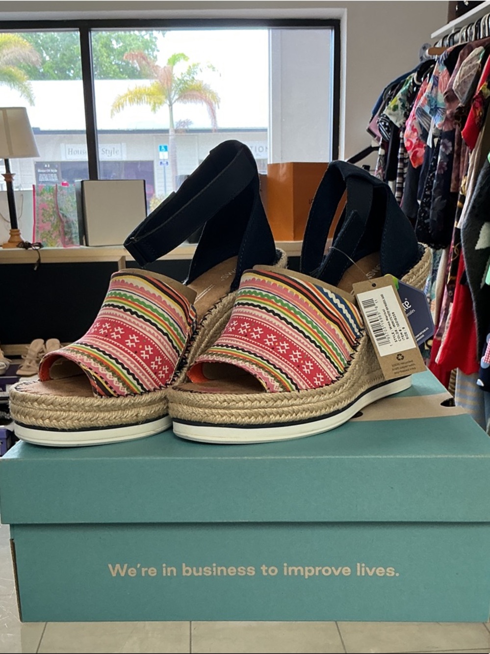 Toms Multicolor Striped Espadrille Wedge Sandals with Black Ankle Wrap